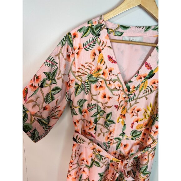LOFT Midi Shirt Dress 10 Peach Pink Tropical Floral Button-Through Belted - Picture 3 of 10